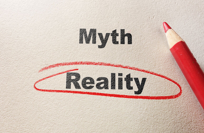 The words Myth vs Reality, circled with red pencil on textured paper