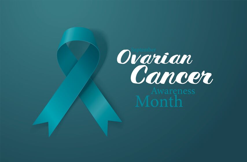 Ovarian Cancer Awareness Calligraphy Poster Design. Realistic Teal Ribbon. September is Cancer Awareness Month. Vector Illustration