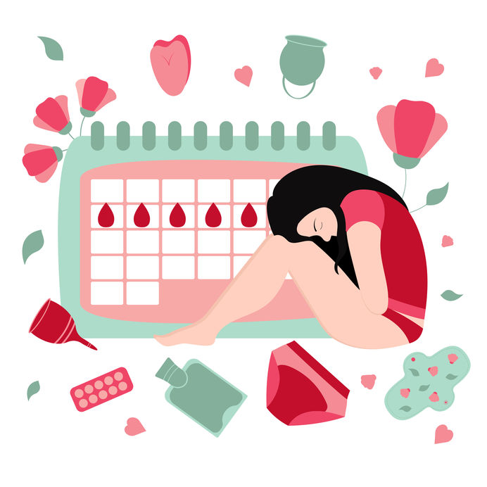 Girl with menstrual pain. menstrual calendar